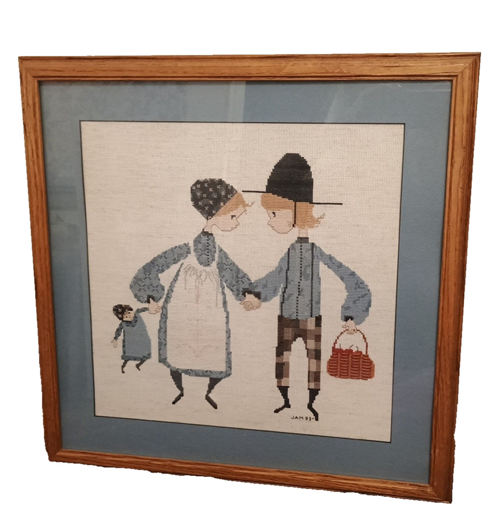 Vtg ADORABLE Tarry Not Amish Boy Girl P Buckley Moss Cross Stitch wooden Frame